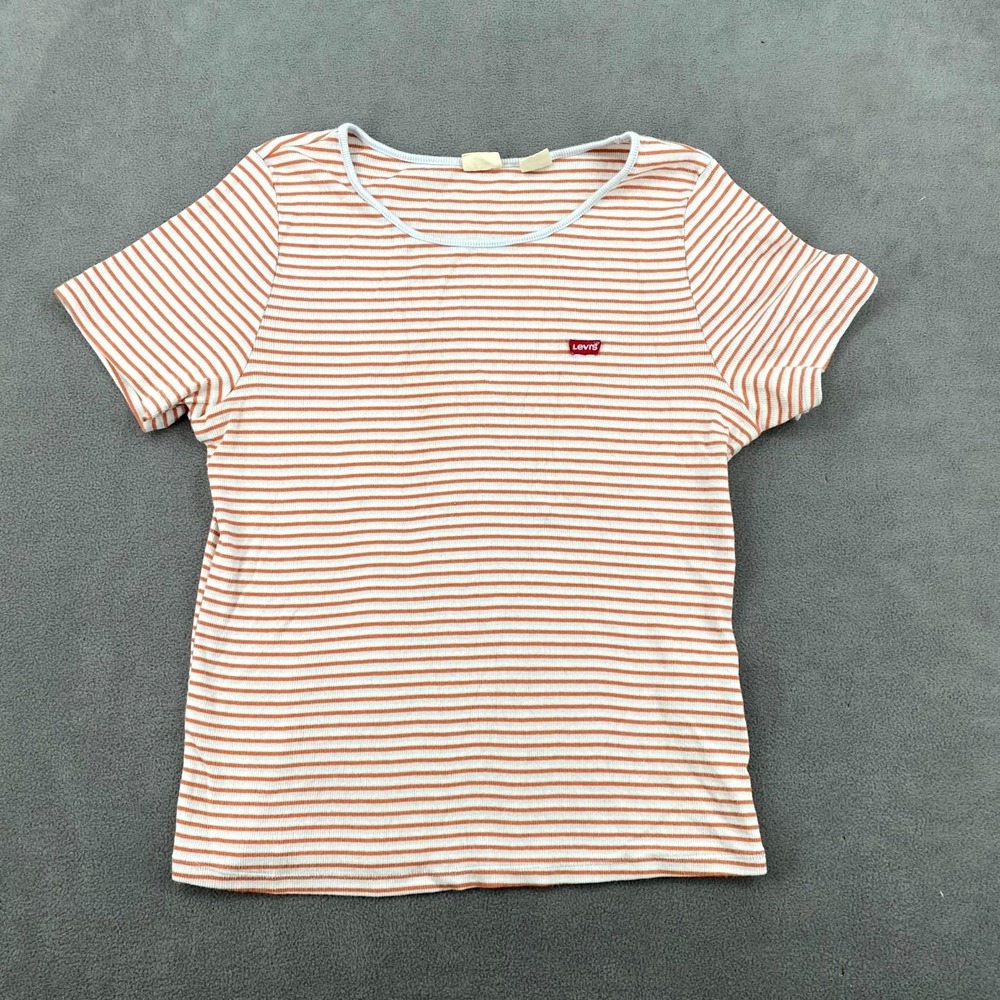 Levi's‎ Perfect T Shirt Womens XL White Orange Striped Ribbed Scoop Neck Modern